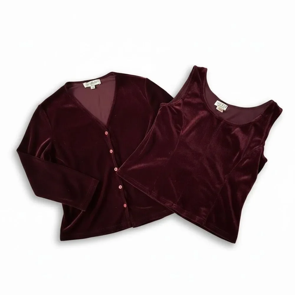 Vintage Eggplant Burgundy Velvet Twin Set | Cardigan + Sleeveless Shell Top | Sm